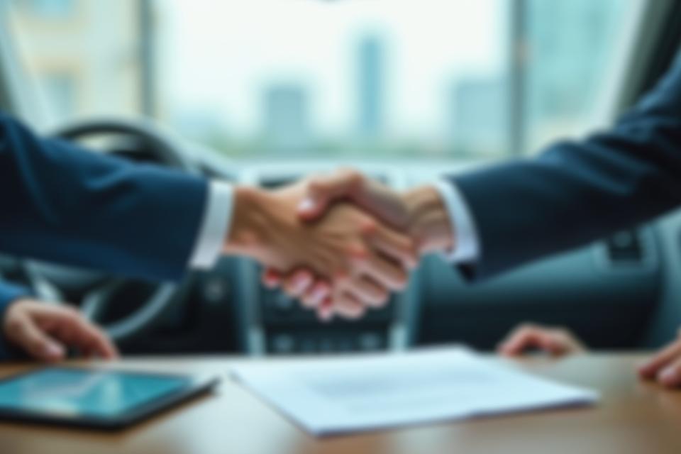 Isang larawan ng dalawang kamay na kinukumpirma ang kasunduan sa rental vehicle, na may background na modernong kotse at cityscape. Sumisimbolo ito sa tiwala at legal na pag-unawa.